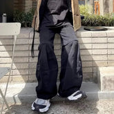 Hearujoy Vintage Washed Detachable Flared Cargos Mens Straight Casual Baggy Overalls Oversized Streetwear Boot Cut Black Color Trousers